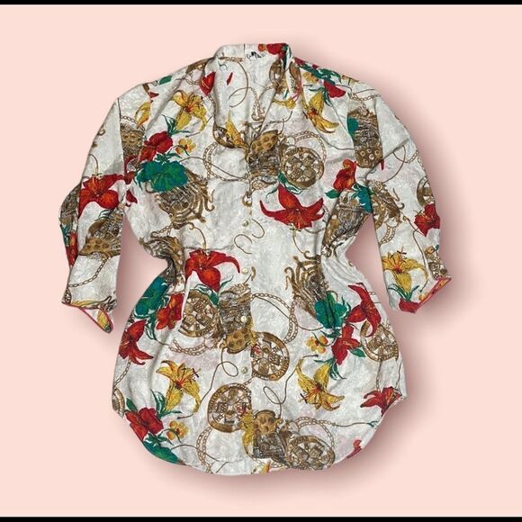 Vintage Silk Graphic Mary McFadden Shirt Dress Medium